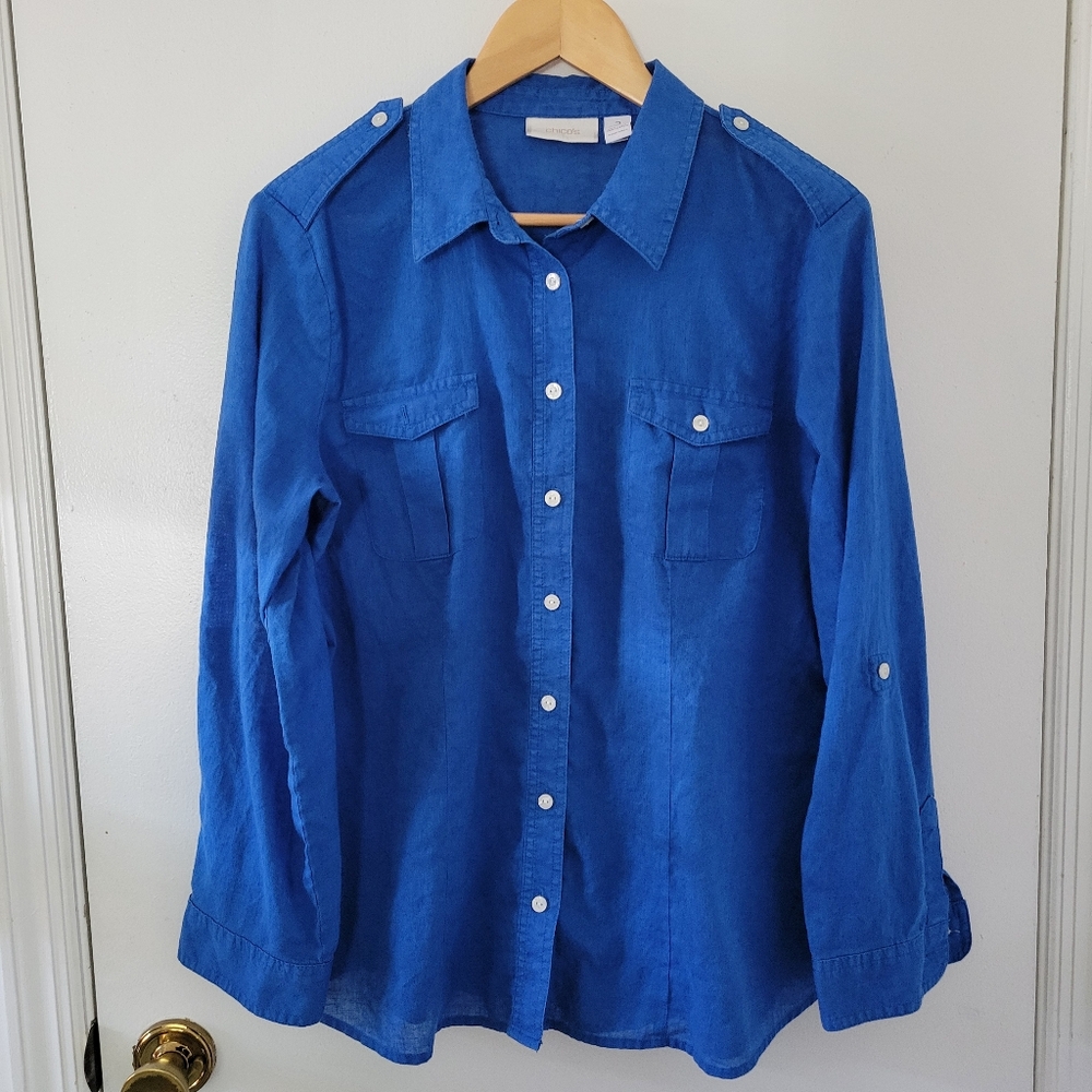 Chico's || Blue Linen Blend Button Down Shirt Large
